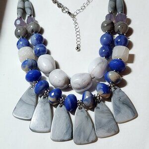 Beautiful silver tone necklace gray blue stones dual strand costume NIP